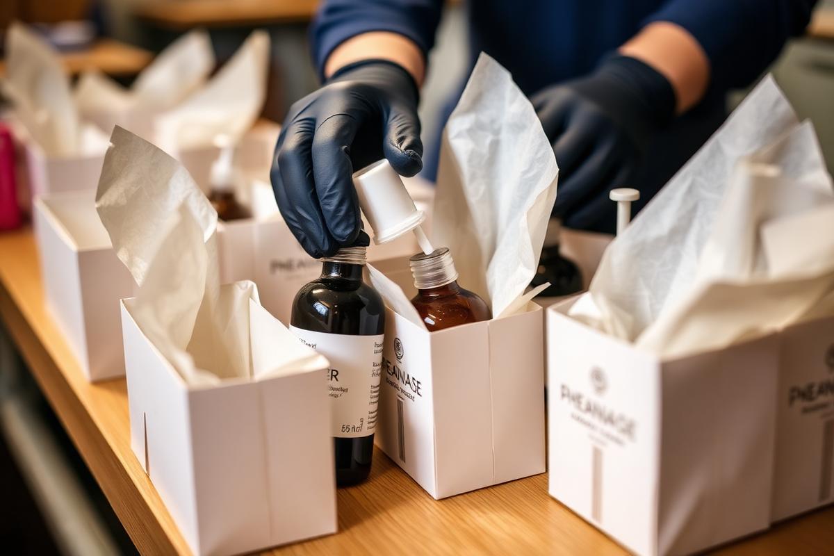 Euro-FF worker in gloves placing a cosmetics bottle into branded packaging with tissue paper at a packing station