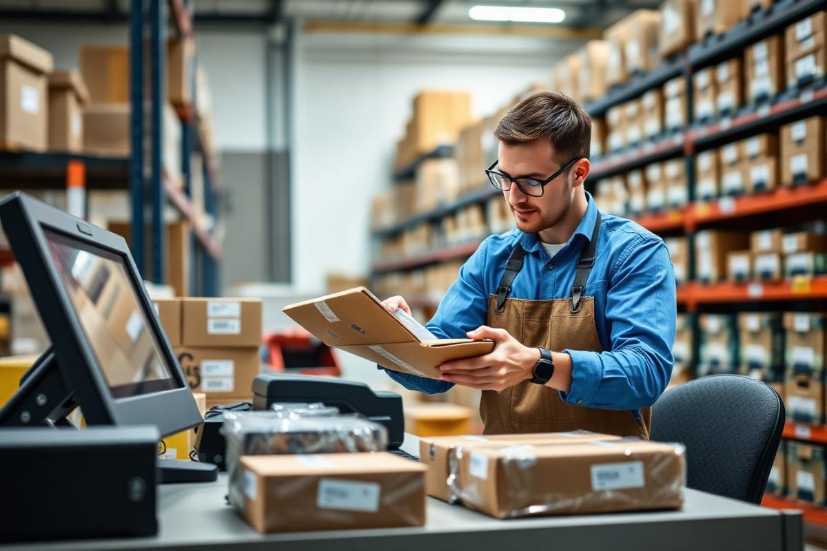 Euro-FF employee inspecting a returned parcel at the returns processing desk with labelled storage bins behind