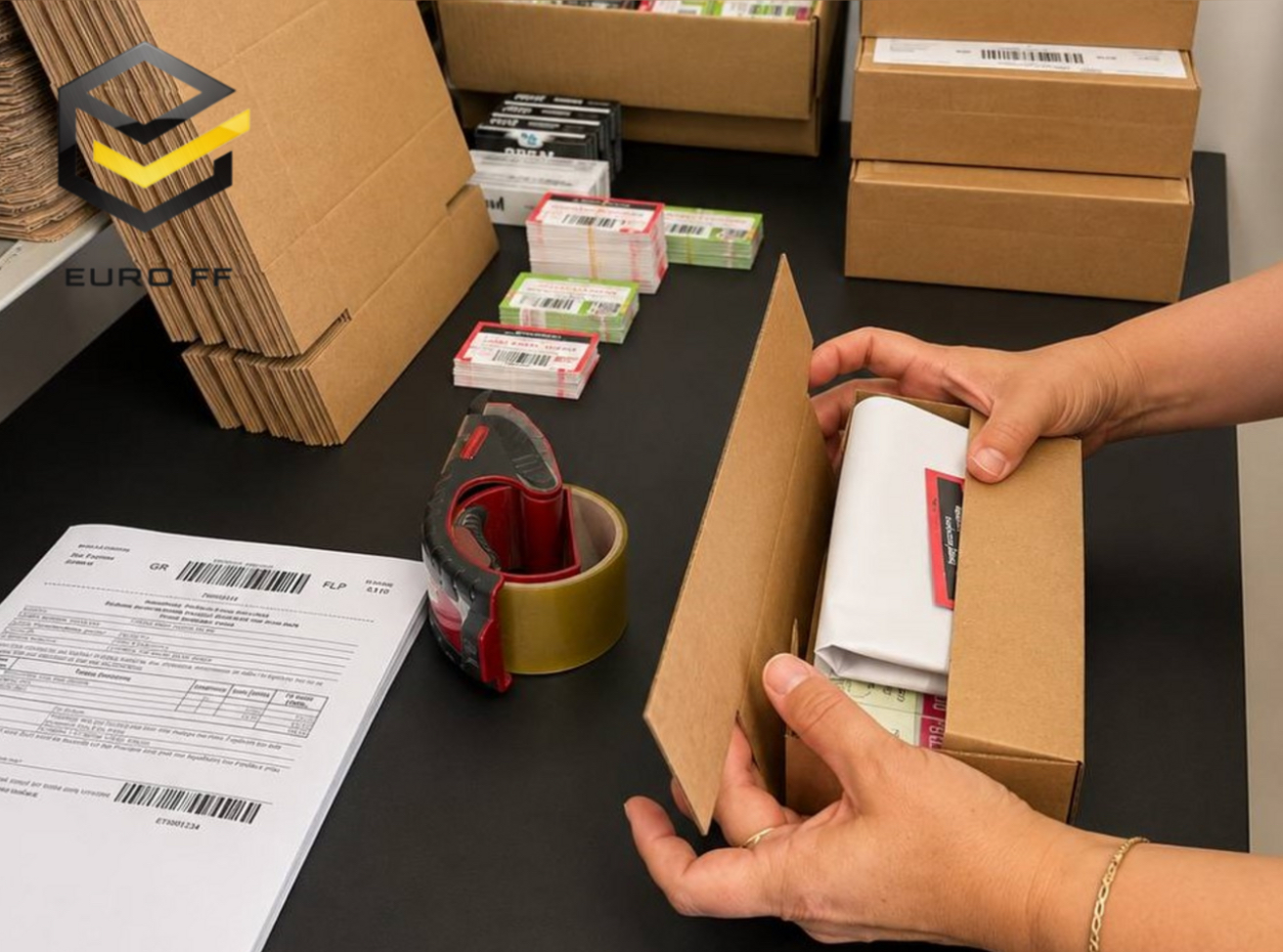 Euro-FF warehouse staff in gloves sealing small cardboard parcels at a packing bench with labels and tape