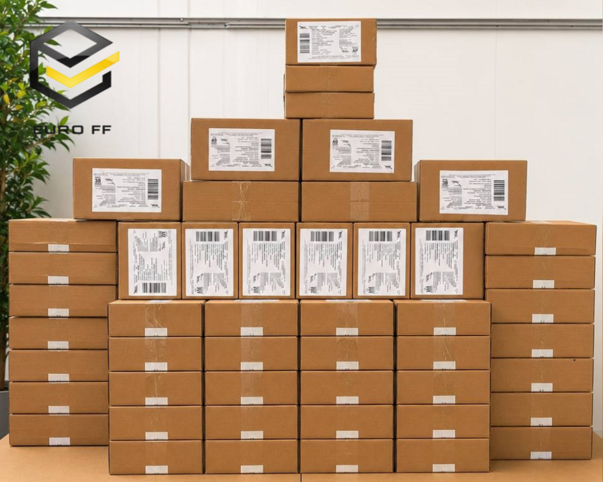 Courier van being loaded with Euro-FF parcels outside the Sofia warehouse for delivery across Bulgaria and Europe