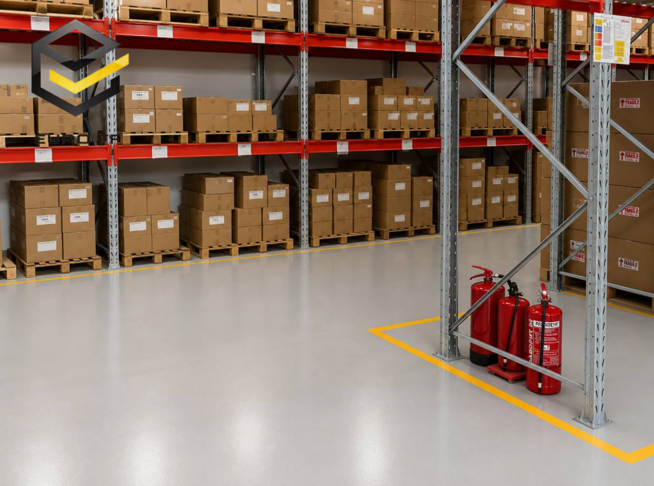 Tall warehouse racking in the Euro-FF storage hall holding cartons of cosmetics and supplement jars